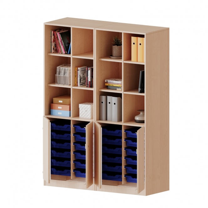 ErgoTray Schrank, 4reihig, 2OH unten Türen, 24 flache Boxen, oben 3OH Regal, B/H/T 140,6x190x50cm 